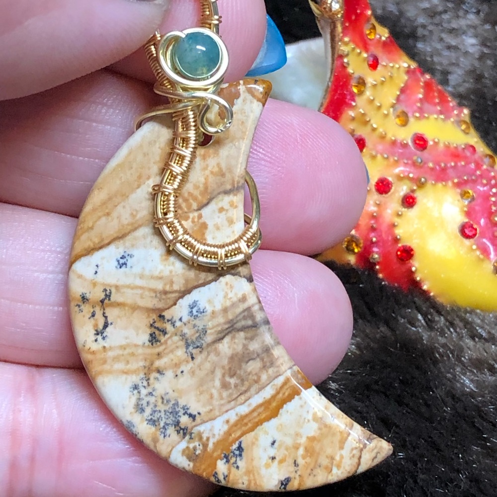 🌖Moon Wire wrapped jasper and moss agate pendant and chain